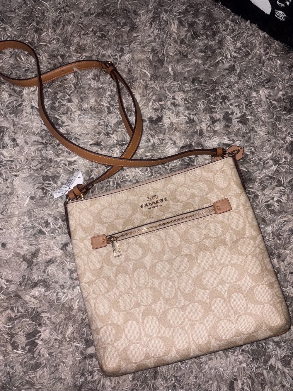 Coach Beige Signature Canvas Crossbody with Tan Trim